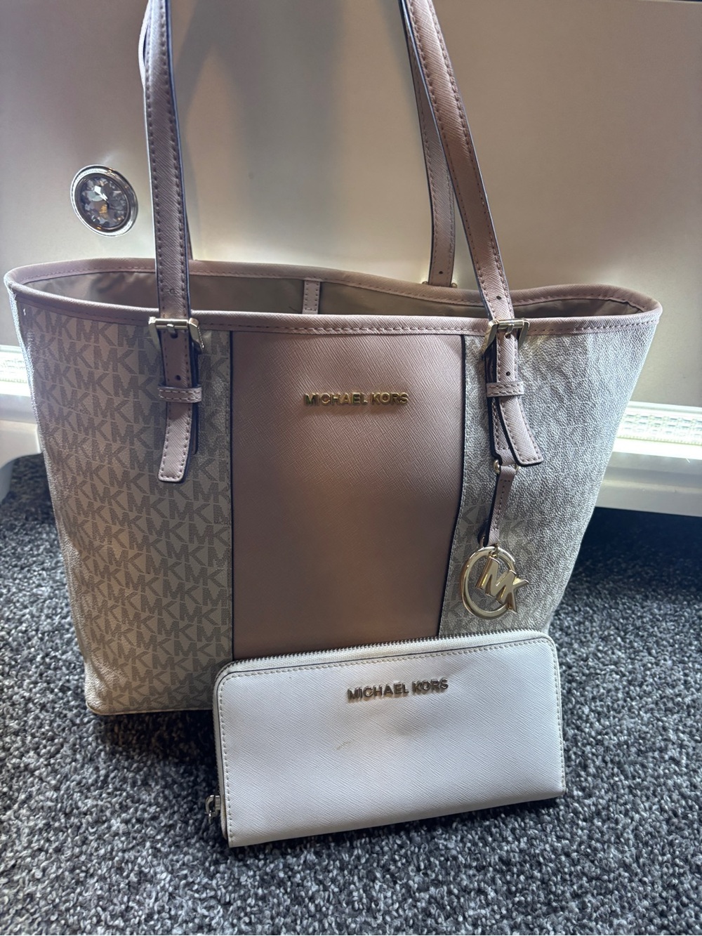 2010s Michael Kors Blush Pink and Cream Logo Tote with Matching Wallet